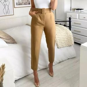 610. High Waisted Belted Pants in Cream